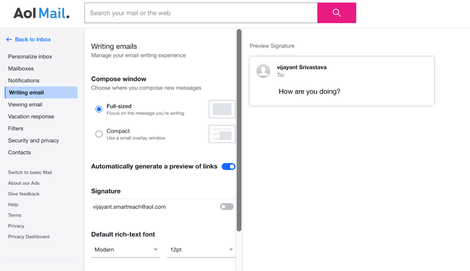 AOL mail settings