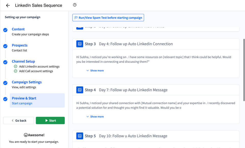 An effective LinkedIn sales sequence made using SmartReach