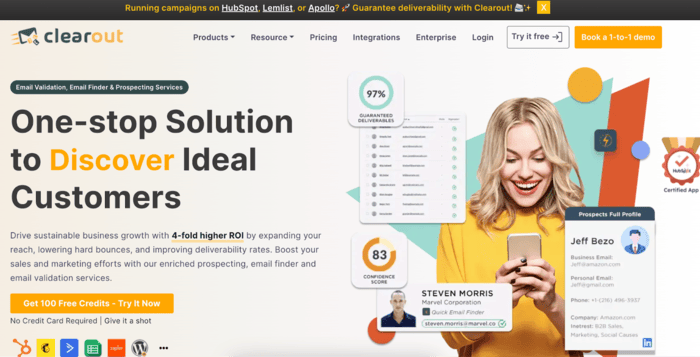 Screenshot of the homepage of Clearout email verification platform