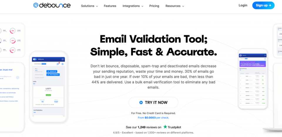 Screenshot of the homepage of the email verification tool debounce