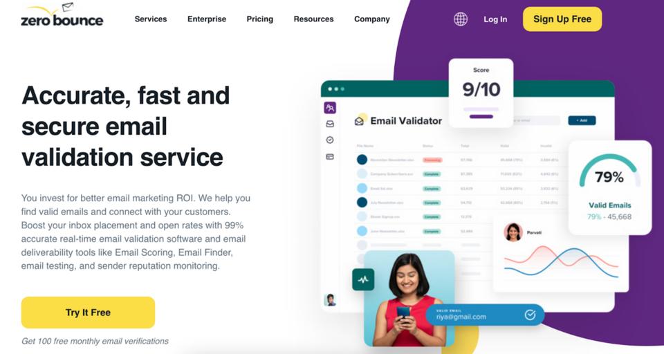 Screenshot of the homepage of the Zerbounce email verification tool