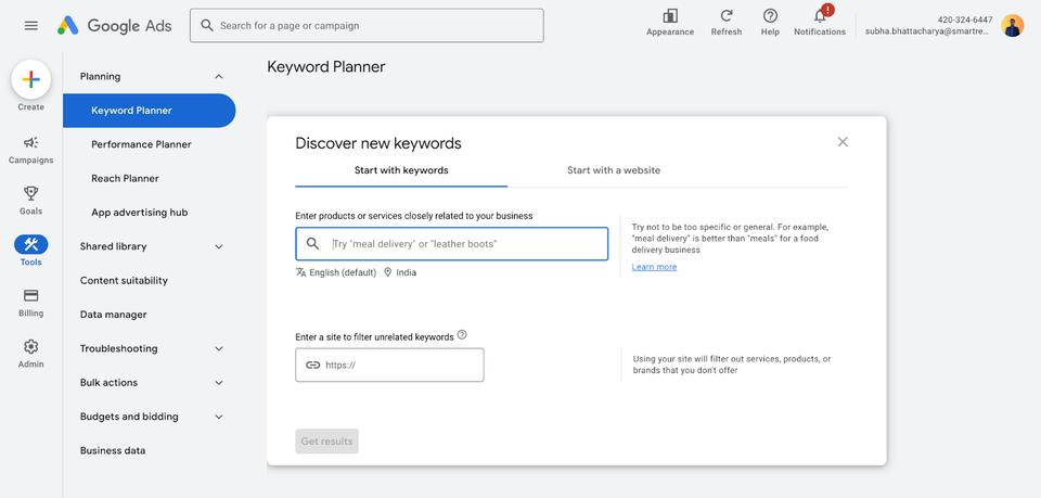 Screenshot of Google Keyword Planner showcasing keyword analysis for ads