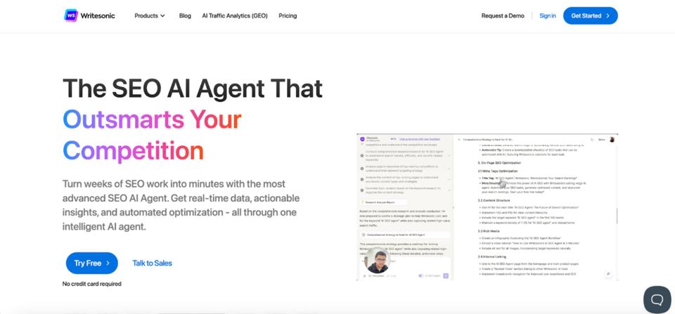 Screenshot of WriteSonic homepage showcasing its SEO AI agent
