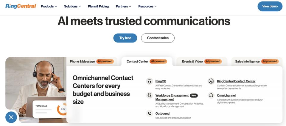 RingCentral homepage promoting scalable business communication with voice, video, and chat