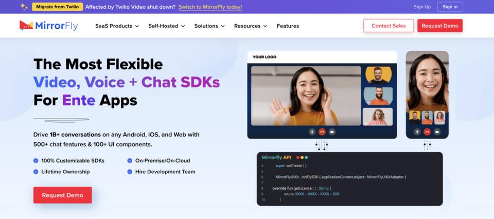 MirrorFly homepage featuring customizable real-time communication API platform