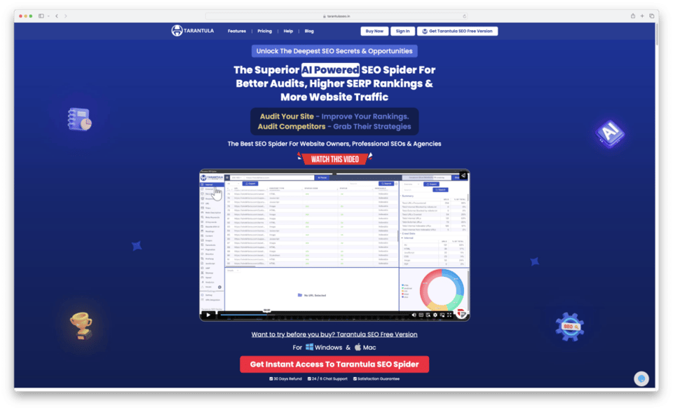 Screenshot of tarantula SEO spider dashboard showcasing keyword research