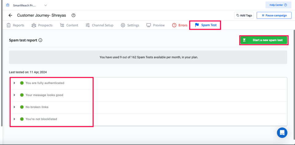 Free Spam test report produced by SmartReach.io for improving email sender reputation