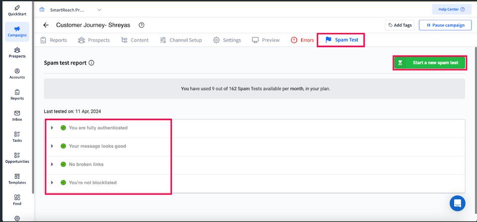 Running spam test inside Smartreach.io
