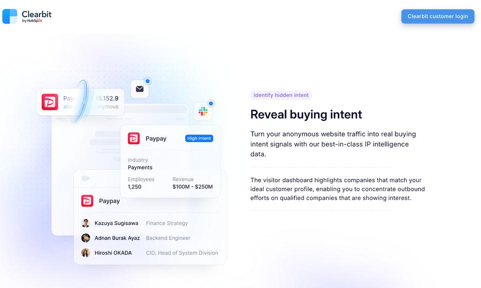 Clearbit helps in data enrichment as well as in finding the buying intent signals on your website