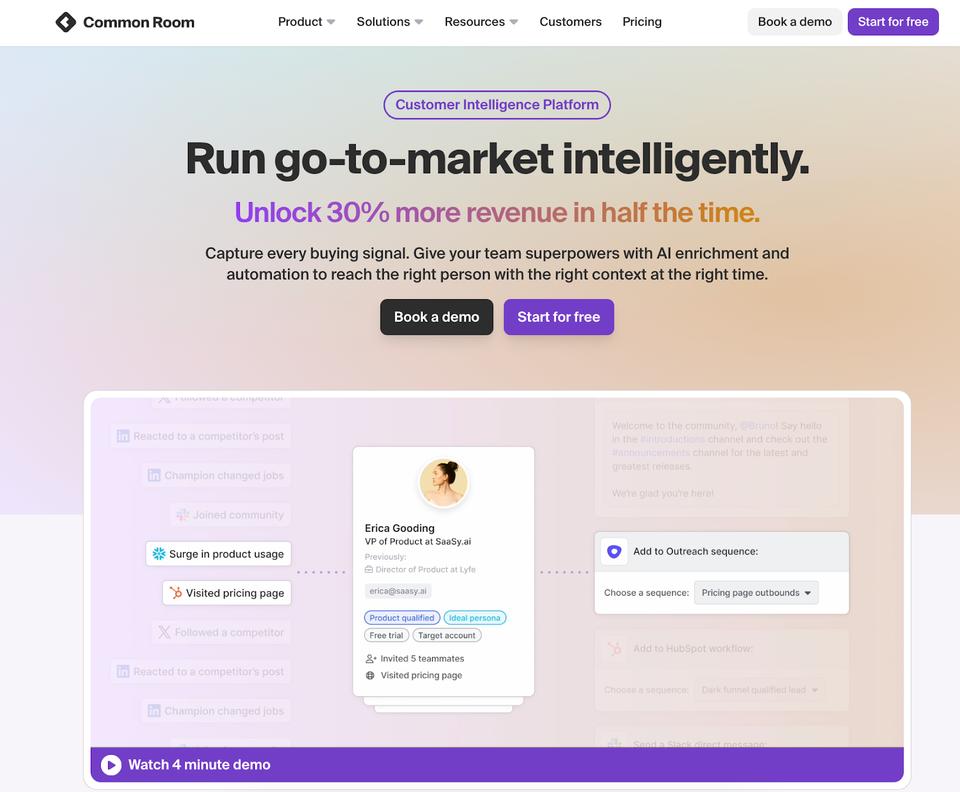 Common Room is a great customer intelligence tool that gives detailed buying signals based on individual and account level.