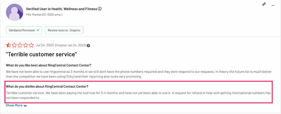 G2 Review showing how bad the customer service is for RingCentral