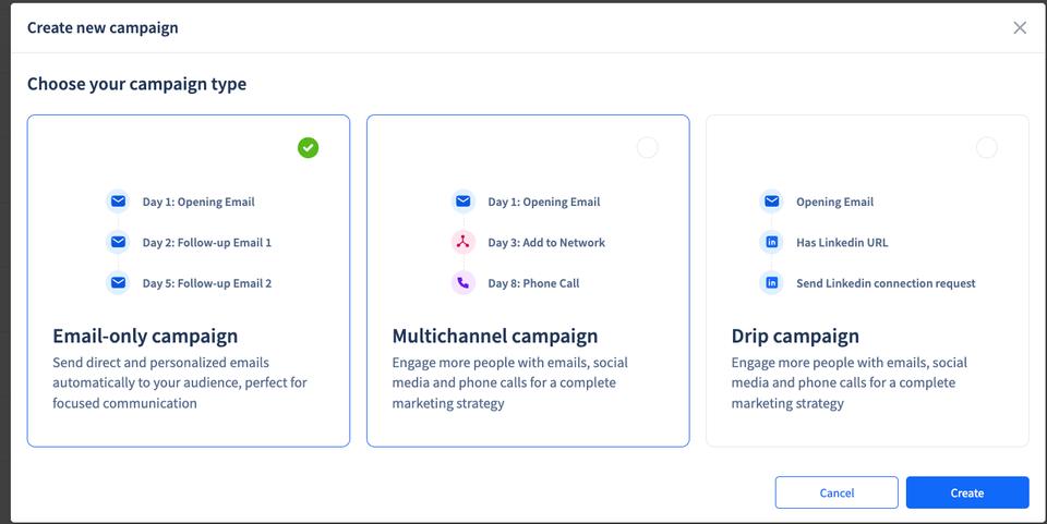 SmartReach allows you to create 3 types of campaigns - email only campaign, multichannel campaigns and drip campaigns - all within 1 single platform.