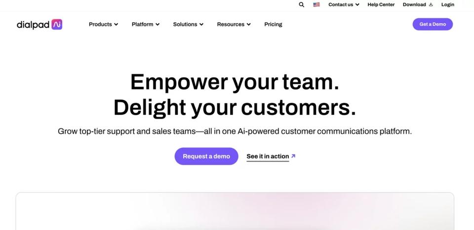 Dialpad homepage showcasing AI-powered communication tools for sales reps