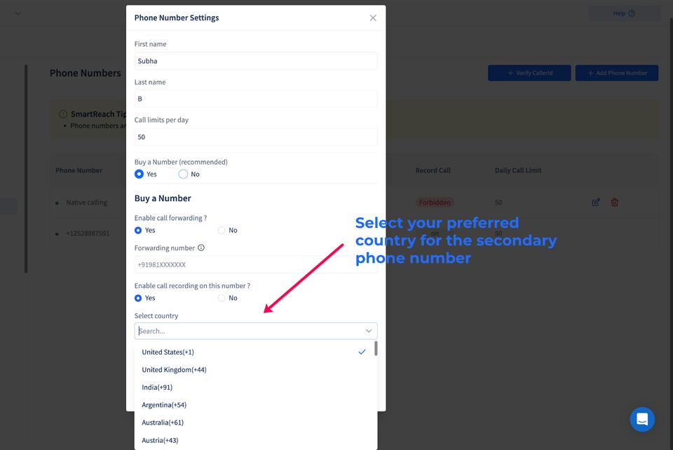 Now set-up your calling account for call forwarding, calling limits, call recording, country specific phone numbers etc.
