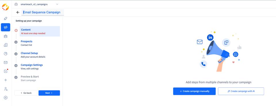 Select the content type inside SmartReach for making the email sequences on AI or manually