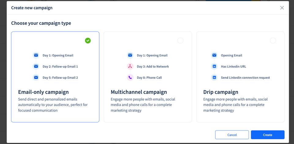 SmartReach campaign type selection for setting up the cold email sequences