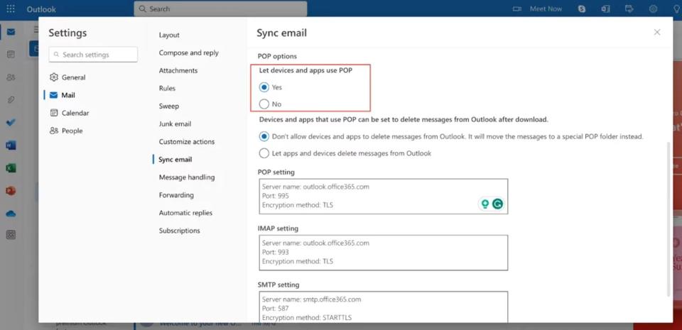Outlook SMTP settings
