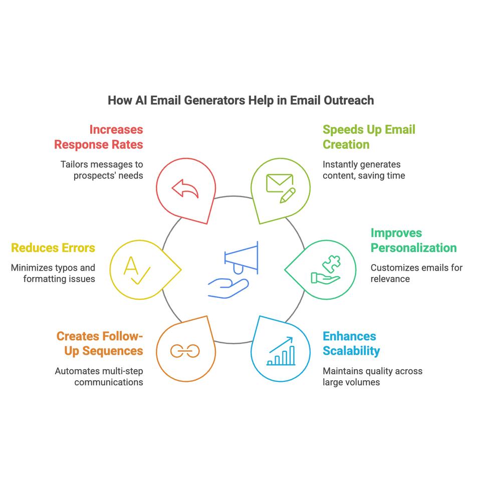An AI generator can help you increase response rates, speed up email copy creation, reduce language errors, create follow-up sequences, improve email copy personalization and enhance email scalability