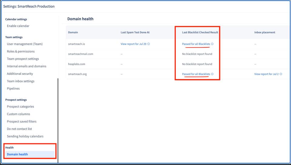SmartReach.io monitors your domain and IP against 50+ global blacklists, ensuring real-time alerts if your domains are blacklisted. This helps a lot to troubleshoot email deliverability issues