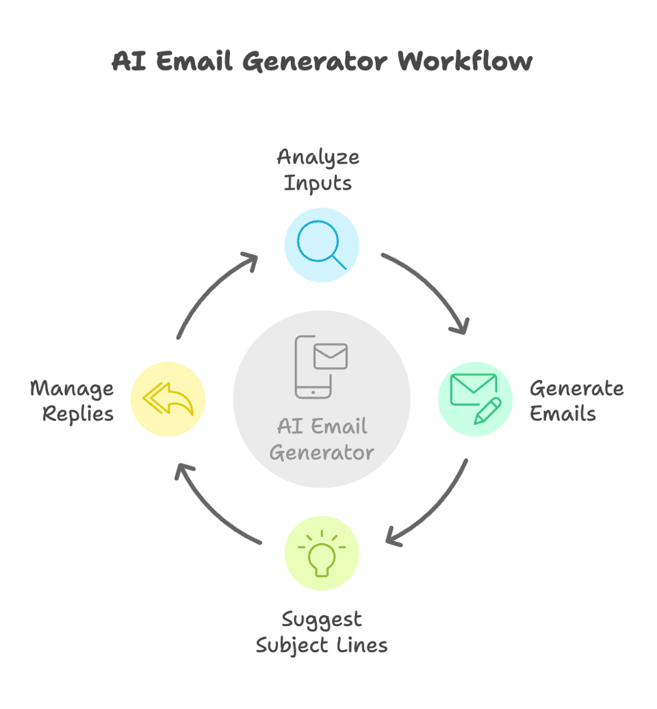 An illustration showing how AI email generator tools work and their common functionalities