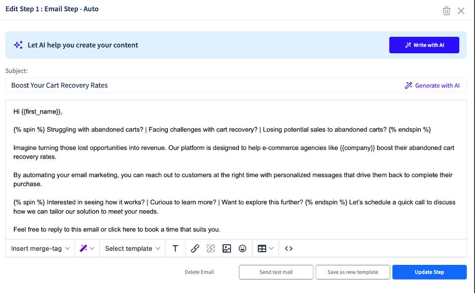 SmartReach AI created personalized email copy based on user's given ICP and product data