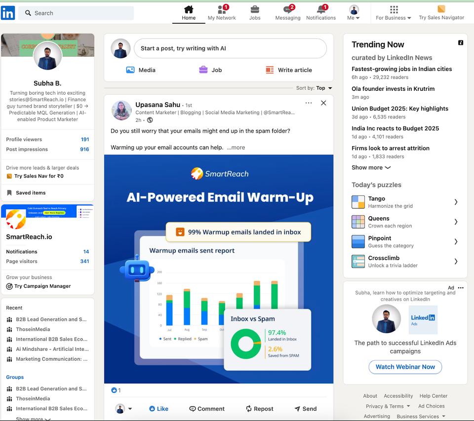 homepage of a free Linkedin account for reference