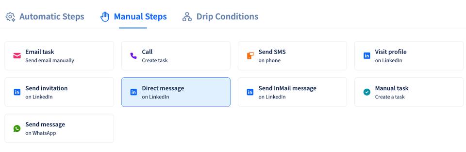 Inside SmartReach multichannel drip campaigns, you can set-up manual steps as shown in the image for various LinkedIn, email and WhatsApp outreach tasks