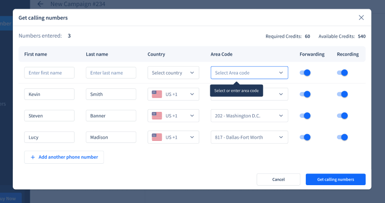 Get country specific virtual numbers with area codes using SmartReach with features such as call forwarding and recording