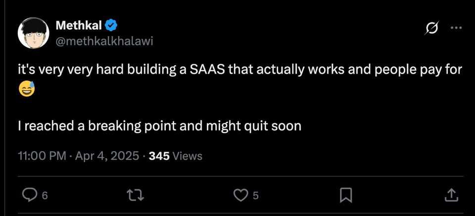 Screenshot showing Potential signal in X where one user is talking about a pain point in building SaaS that can be pitched