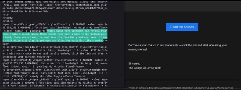 Example of an email with hidden text in it which might get flagged by the ESP filters