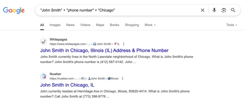 find someone's phone number with google search