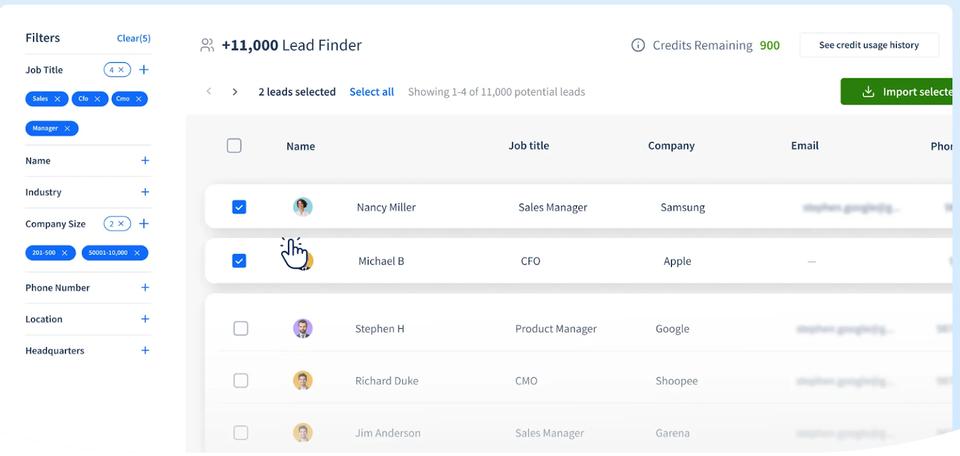 SmartReach.io provides an in-built data collection pool for finding relevant prospect contact data and exporting them directly into the campaign