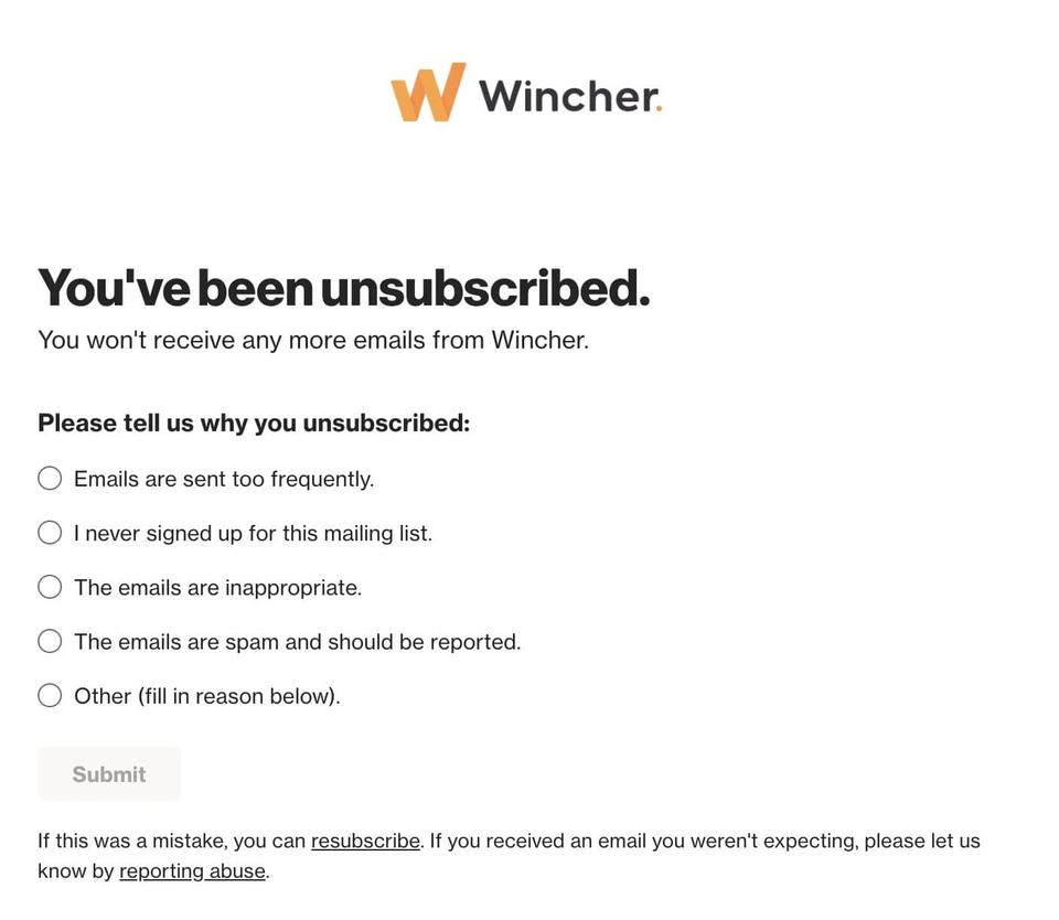 Screenshot example of easy opt-out form for managing email unsubscribes
