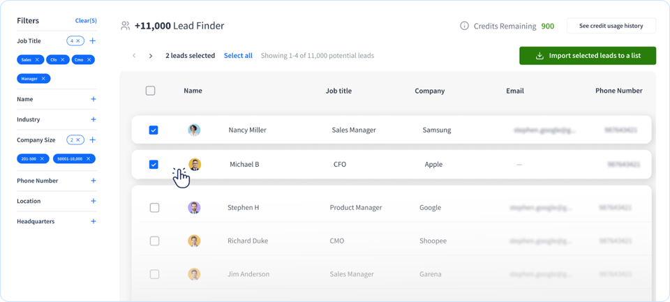 SmartReach.o's inbuilt B2B lead database for email list building for cold email outreach