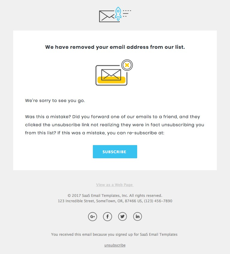 Example of a HTML email with easy unsubscribe button at the footer