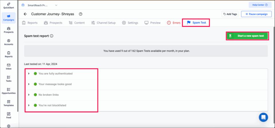 How SmartReach.io provides a free email spam test for unlimited times for checking email records, technicalities etc