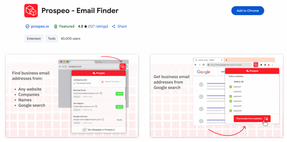 Prospeo provides a Chrome extension, mobile contact finder, and API access for finding prospect contact data.