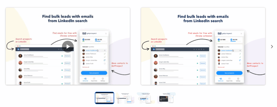 GetProspect is a Chrome extension that extracts emails from LinkedIn profiles and organizes them into structured lead lists.