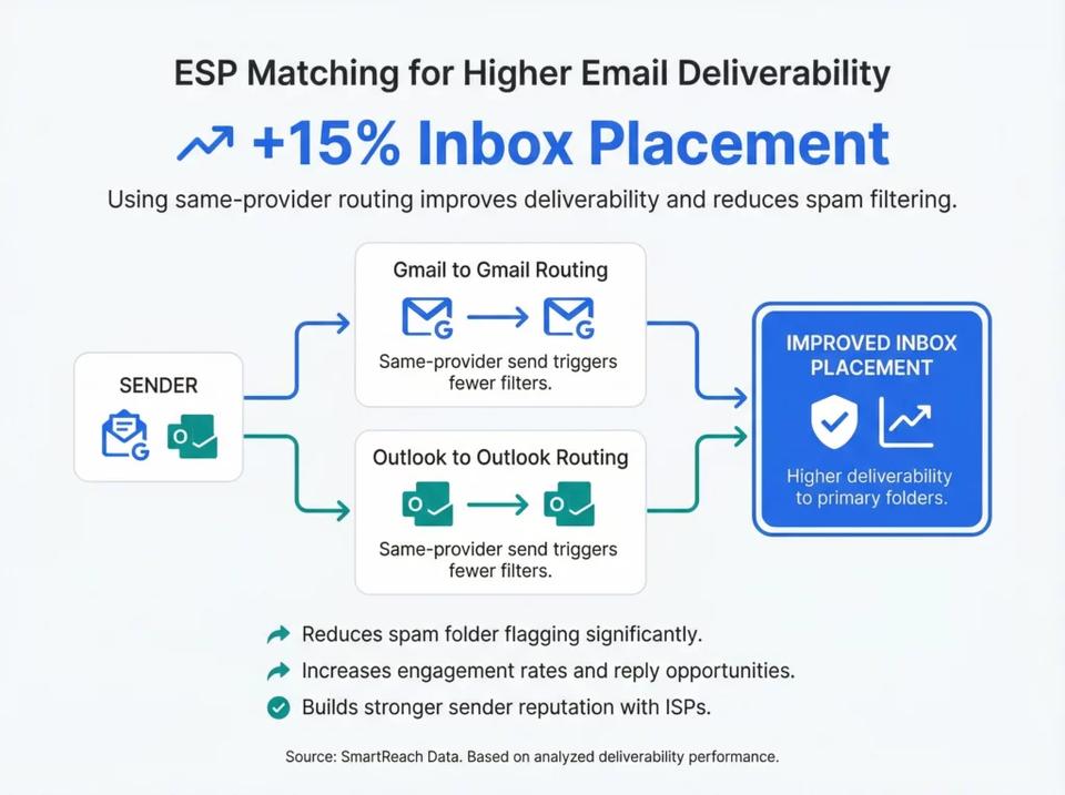 Infographic showing SmartReach ESP matching improves inbox placement by 15% through Gmail-to-Gmail and Outlook-to-Outlook routing